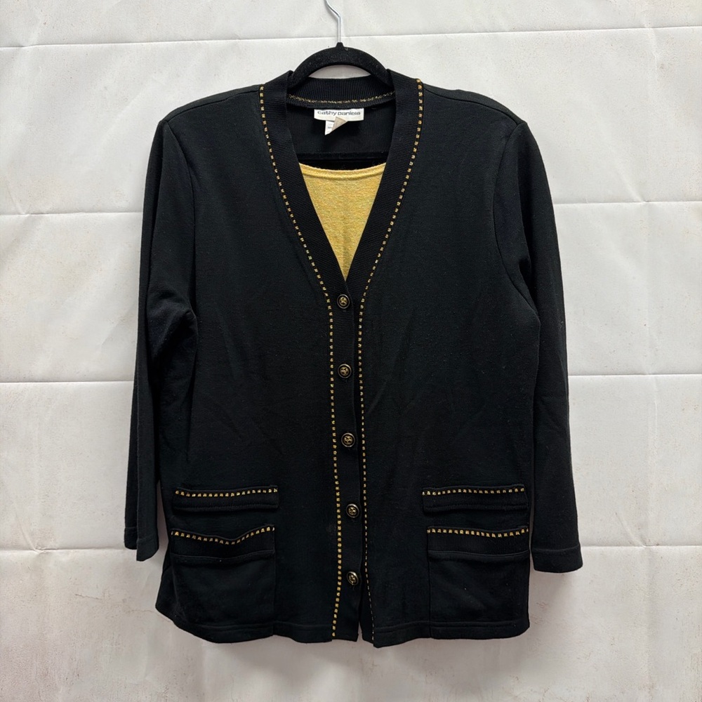 Vintage Y2K Cathy Daniels Black Gold Trim Cardigan Sweater Large